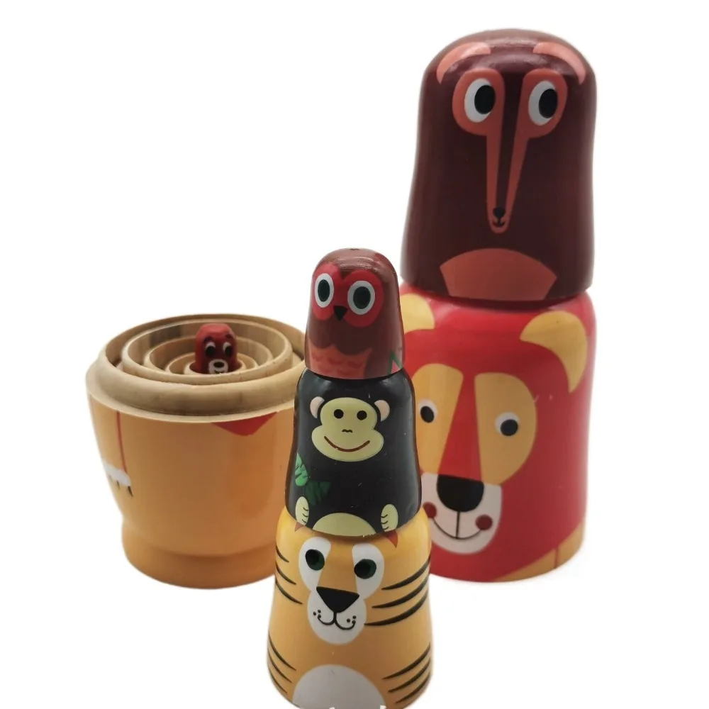 Juguetes pintados a mano, muñecas rusas anidadas de madera, colección de figuras, muñeca Matryoshka de animales, artesanía de dibujos animados, muñecas apilables hechas a mano