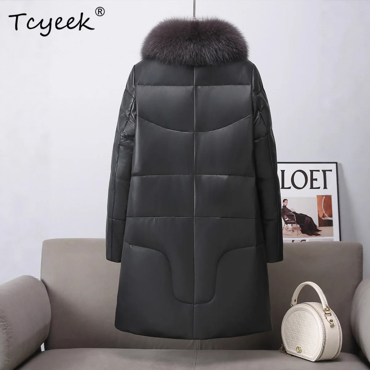 Tcyeek جلد طبيعي أسفل سترة النساء الملابس الشتوية منتصف طويلة معطف جلد الغنم الحقيقي امرأة الدافئة أوزة أسفل معاطف الثعلب الفراء طوق