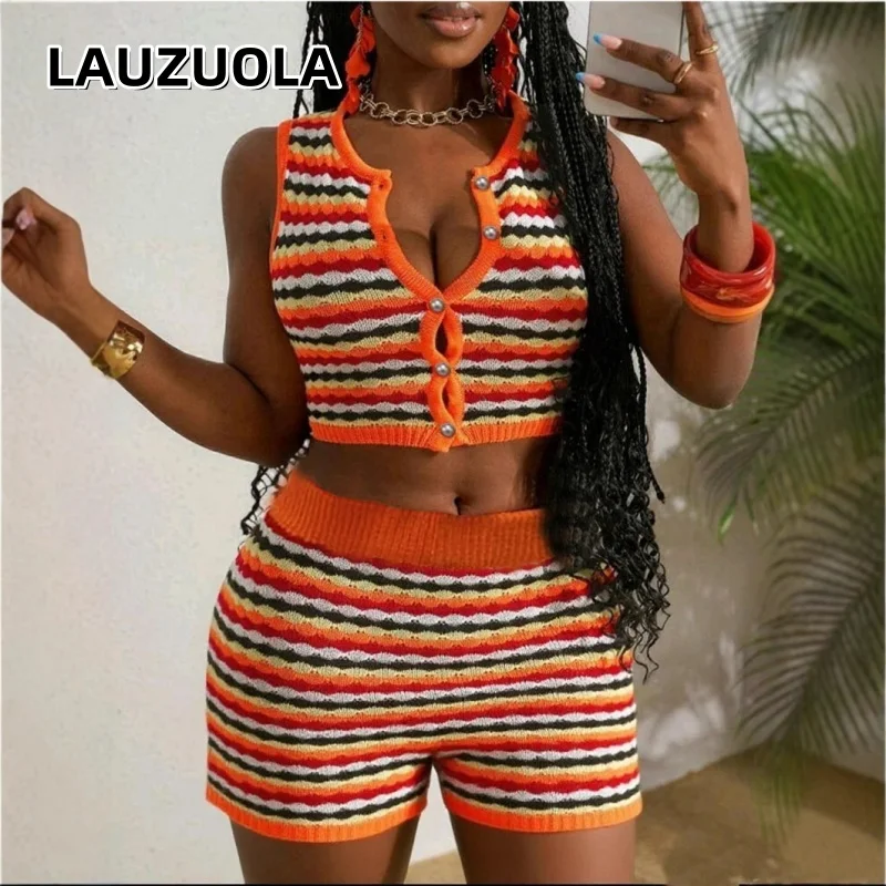

Streetwear Striped Knitted Shorts Suit Outfits 2025 New Summer Fashion 2 Piece Women Sleeveless Crop Top Vest Short Pant Set