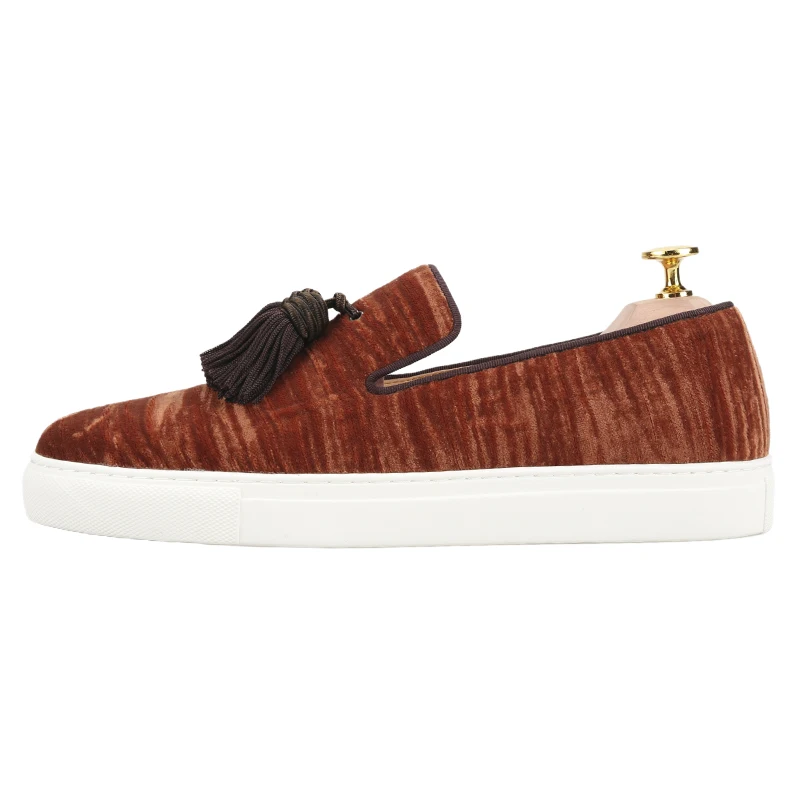 Piergitar 2025 Brown And Royal Blue Velvet Men's Casual Shoes With Matched Tassels Design Handmade Slip-On Sneakers White Sole
