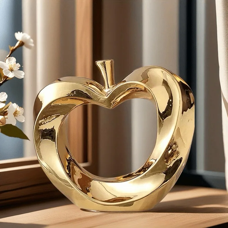 Ceramic Apple Statue - Elegant Fruit-Themed Decor for Home or Office, Golden-Tone Desktop Ornament for Decro