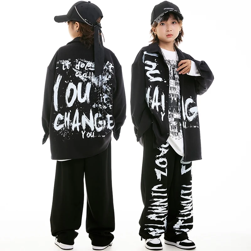 2024 New Boys Clothes Hip Hop Dance Loose Black Shirt Pants Girls Long Sleeves Jazz Performance Costume Street Dancewear BL13975