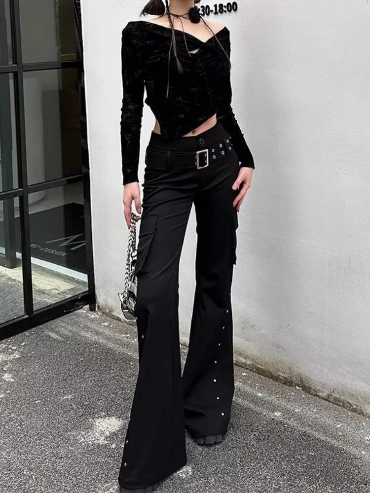 

2025 Punk Y2K Style Button Design Black Slim Cargo Flare Jeans Pants For Women Clothing Lady Streetwear Long Trousers Ropa Mujer