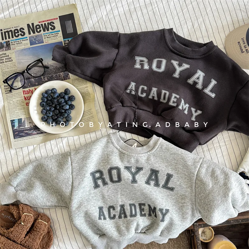 

Baby Girls Pullover Boys Plus Velvet Thick Warm Tops Kids Clothes 2025 Winter New Children Letter Print Fleece Sweatshirt Cotton