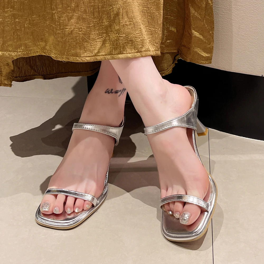 

2024 Summer Sexy High Heel Slippers Women Elegant Black Silver Slides Classics Strap Sandals Fashion Dress Shoes Ladies Pumps