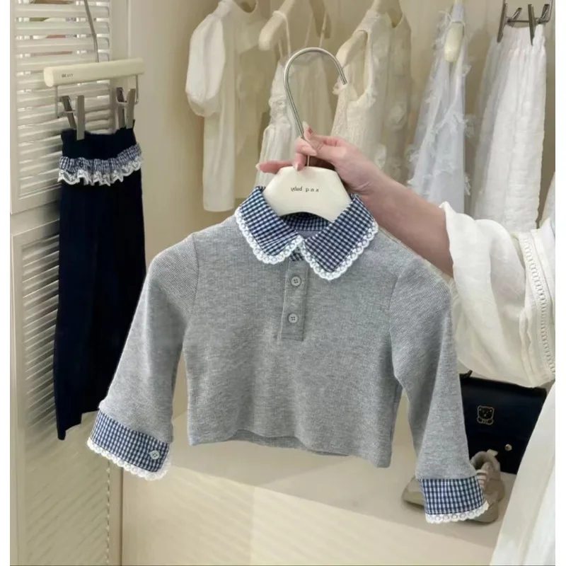 بدلة بناتي على الطراز الكوري الجميل للفتيات بياقة منقوشة من الدانتيل بدلة محبوكة واسعة الأرجل عصرية ومريحة 80-150 سم