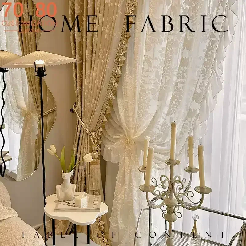 French Retro Milk Tea Color Jacquard Tassel Blackout Curtains for Flocked Window Screens Living Room and Bedroom