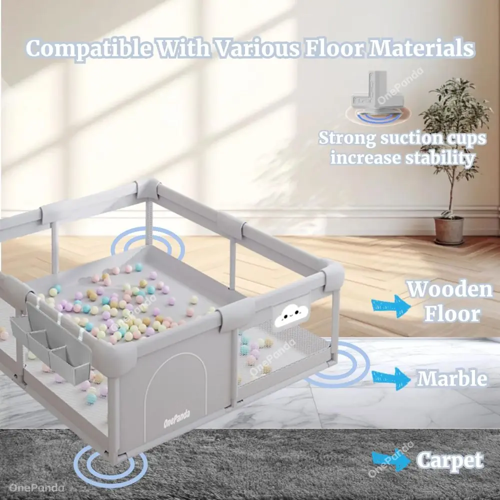 Przestronny kojec dla niemowląt z wyściełanymi krawędziami, 71x59, piłeczki do basenu, bramka, schowek i centrum aktywności w kolorze jasnoszarym