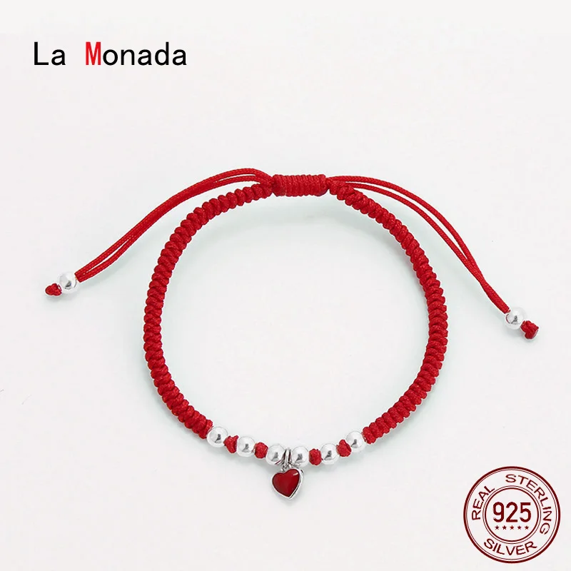La Monada 925 Sterling Silver Red Braided Cord Heart Charm Adjustable Rope Bracelet Fine Wrist Jewelry For Women