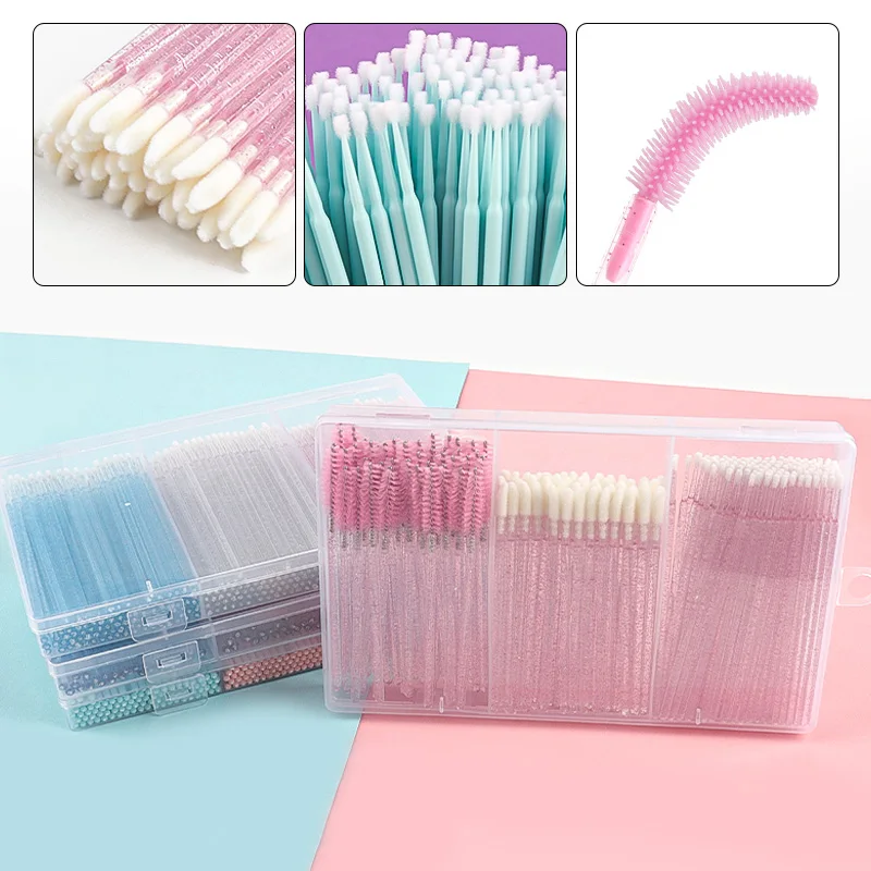 3 Grid Clear Box Macaron Glitter Crystal Micro Cotton Swabs Lip Applicator Brush Lash Micro Brushes Makeup Applicator Sticks