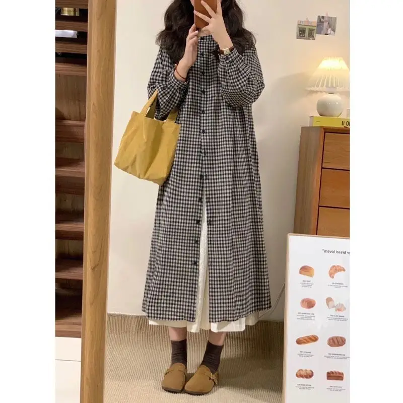 Vestido camisero de manga larga a cuadros Retro estilo sal vestido suelto que cubre carne de otoño