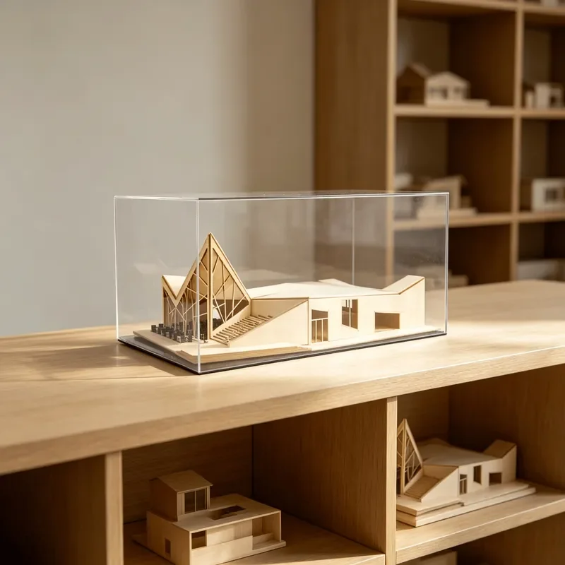 Modern Wooden Building Model Ornament with Acrylic Cover for Room Study Table Top Decoration Art and Crafts Display Piece