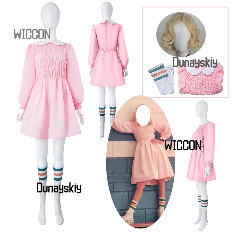 New TV Movie El Women Girls Cosplay Costumes Wig Eleven Pink Dress Skirt Socks Golden Short Curly Hair Party Daily Carnival