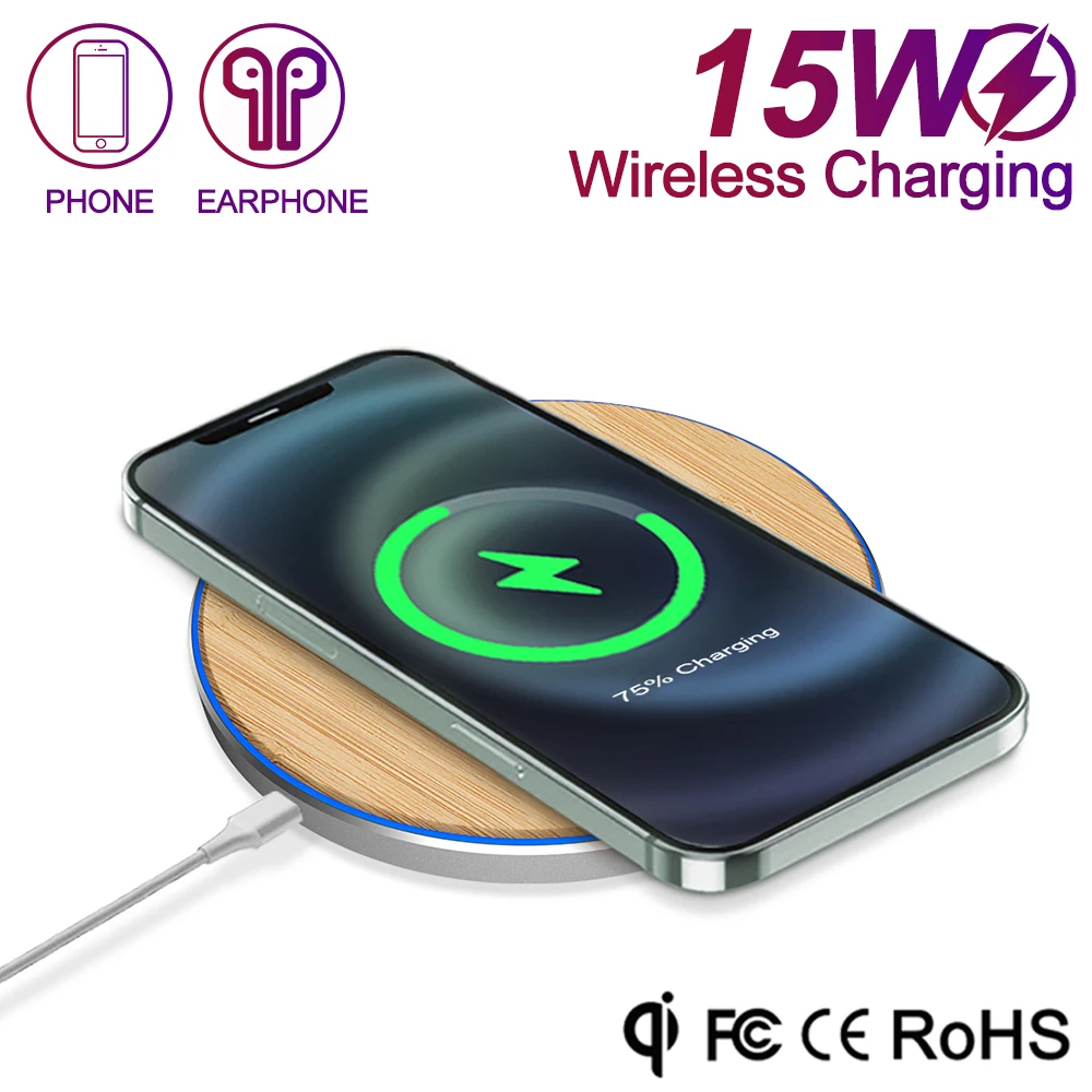 Eco-friendly Bamboo 15W Qi Certified Wireless Phone Charger Pad Fast Charging Plate for iPhone 16/15/14/13/12 Samsung USB Cabl