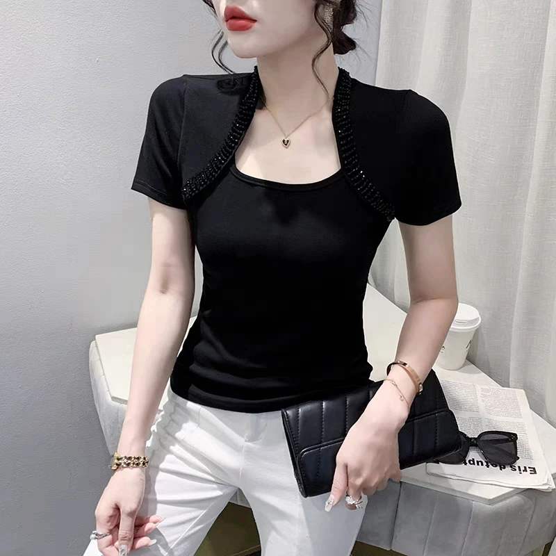 New Summer Korean Chic Women T-Shirt Fashion Sexy Square Neck Beading Tees Brand Girl Short Sleeved Slim Cotton Tops Blusas