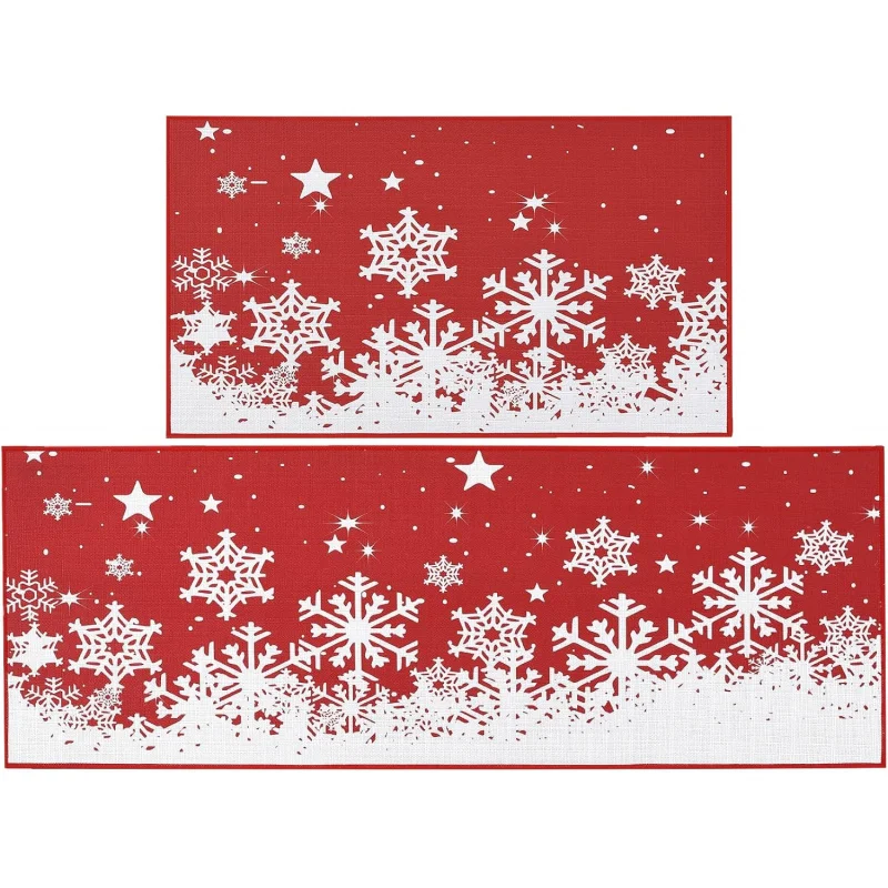 Merry Christmas Kitchen Floor Mat 2-piece Set Winter Snowflake Home Decoration Door Mat 20inX31in 18inX47in