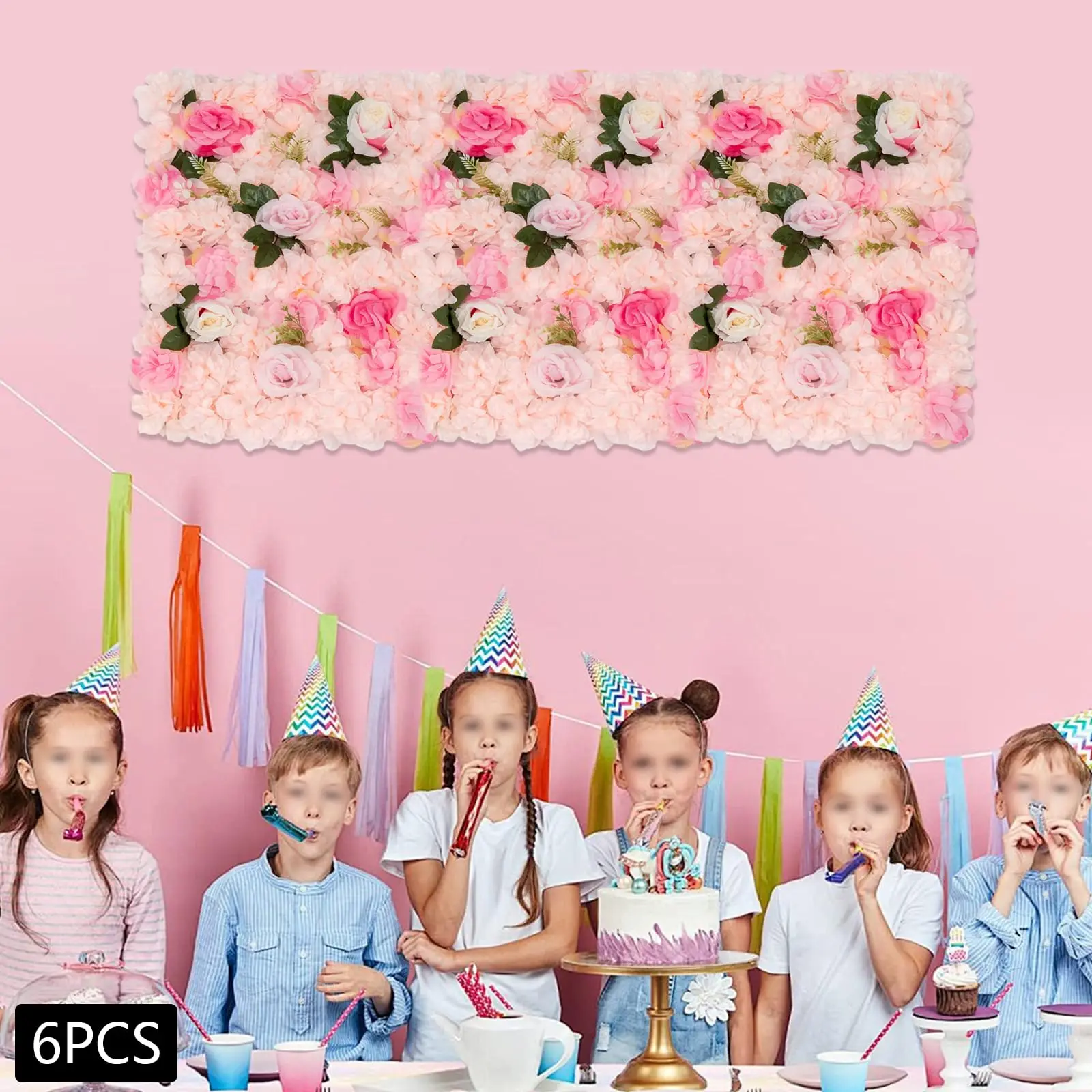 لوحة حائط على شكل زهرة خلفية زهرية، 6 قطع ديكور حائط على شكل زهرة، جدار وردي حريري مقاس 24 × 40.64 سم، خلفية جدار على شكل زهرة صناعية، تدفق صناعي