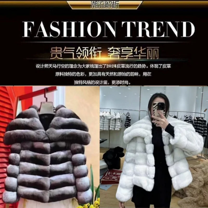 

100% Genuine Whole Skin Real Rabbit Fur Coat With Luxury Natural Fox Fur Collar Jacket Full Pelt Rabbit Fur Overcoat