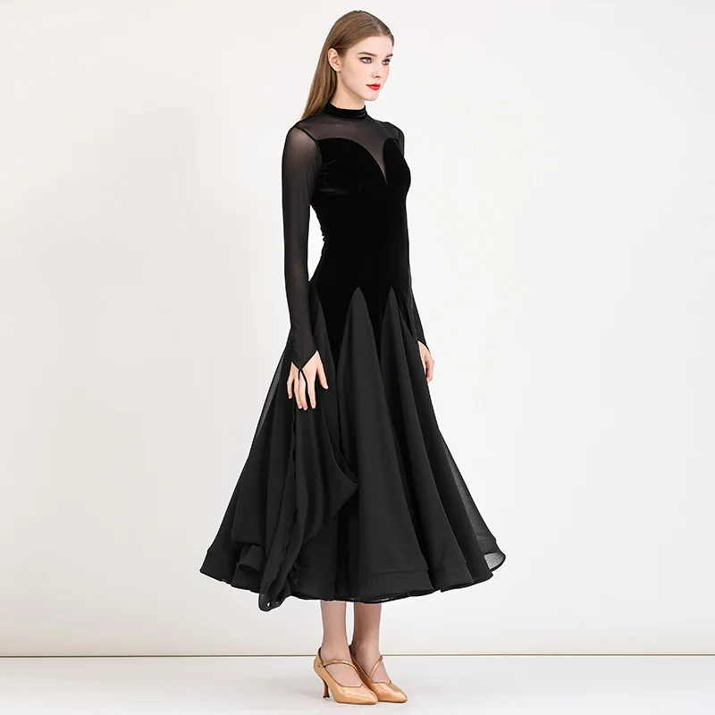 여성을위한 블랙 벨벳 표준 볼룸 댄스 드레스 고품질 WaltzTango 플라멩코 의상 레이디 경쟁 댄스 드레스