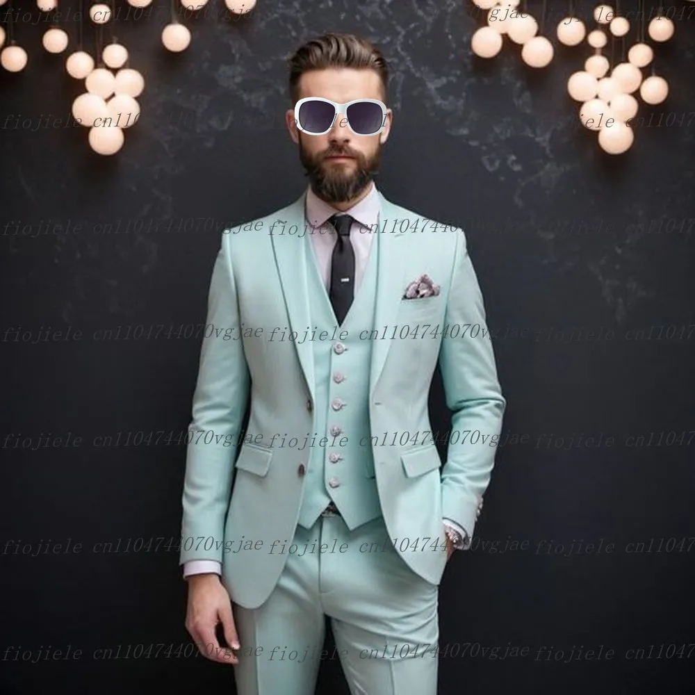 

Customized Light Blue Men Suit Formal Occasion Wedding Party Groom Groomsman Business Male Tuxedos 3 Piece Set Jacket Vest Pants
