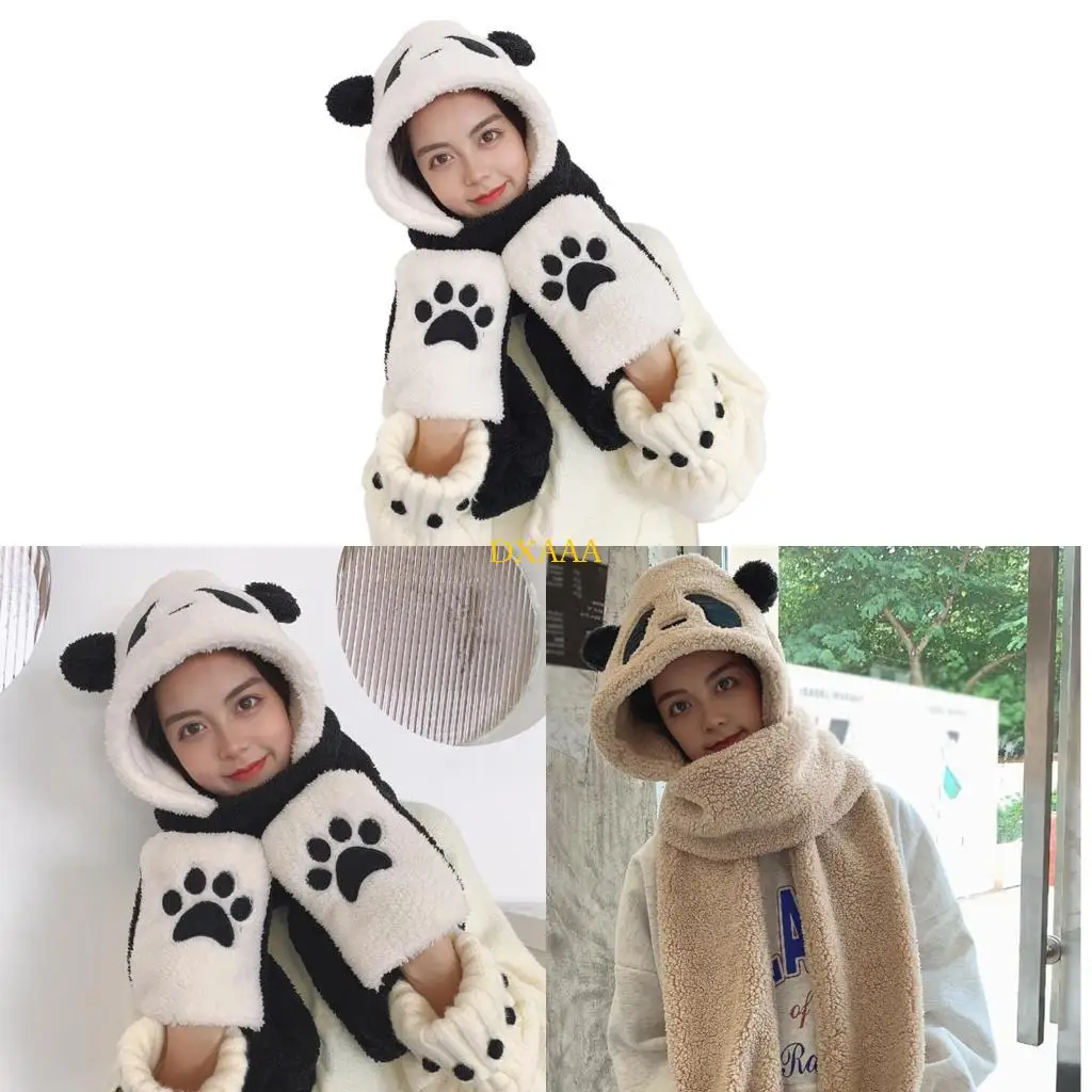 

DXAA Panda Hat Scarf Gloves 3-piece Set Plush Cartoon Hats Scarf Mitten Gloves with Pockets Hoodie Cap Costume