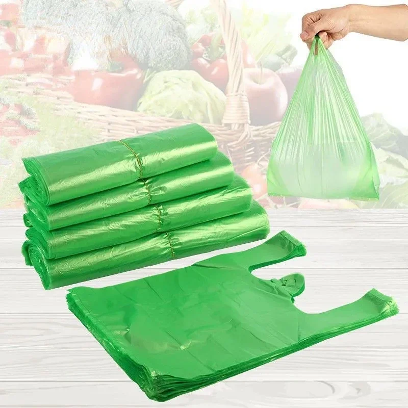 50pcs Green Plastic Bag Supermarket Fruits Vegetables Shopping Storage Bag with Handle Candy Gift Bag Kitchen Clean Garbage Bag