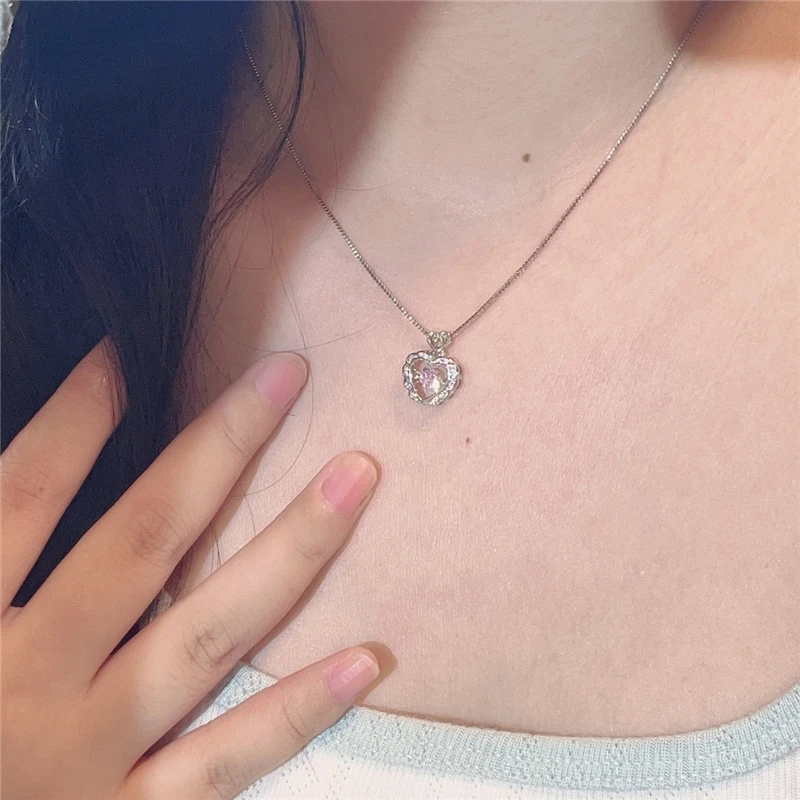 Korean Fashion Vintage Hollow Pink Crystal Heart Pendant Silver Color Chain Neck Necklace For Women Wedding Aesthetic Jewelry