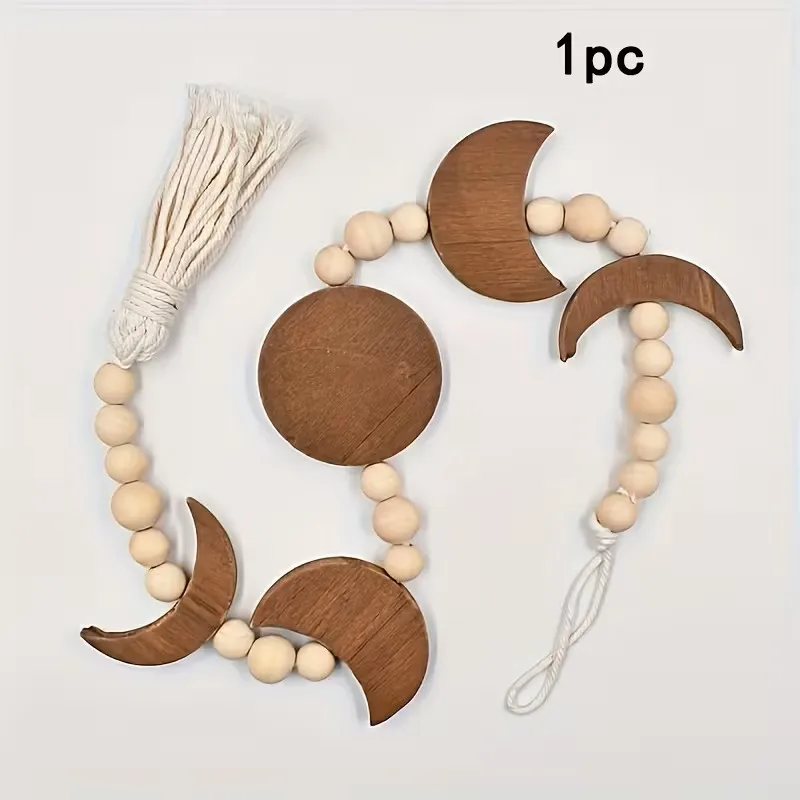 Boho Mondphasen Wandbehang Holzperlen-Girlande mit Quaste für Schlafzimmer Wohnzimmer Kinderzimmer Dekoration – Detail 7