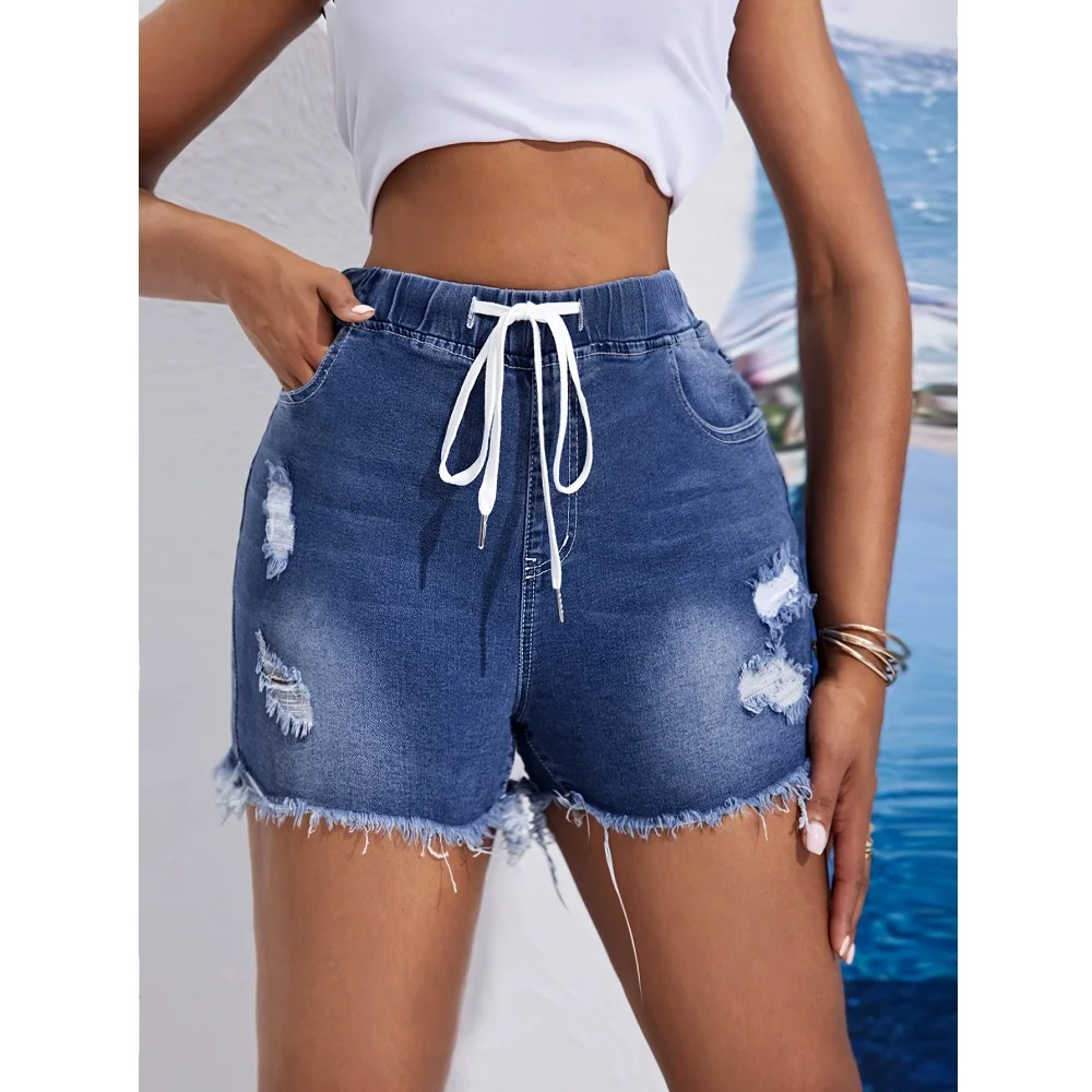 Drawstring Waist Denim Shorts For Women High Waist Stretch Ripped Hole Jeans Short Pants With Tassel