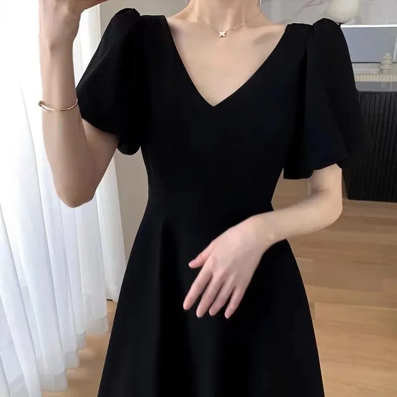 Vestido longo elegante para mulheres 2022 verão novo estilo francês redução de idade com decote em v manga bufante vestido vermelho