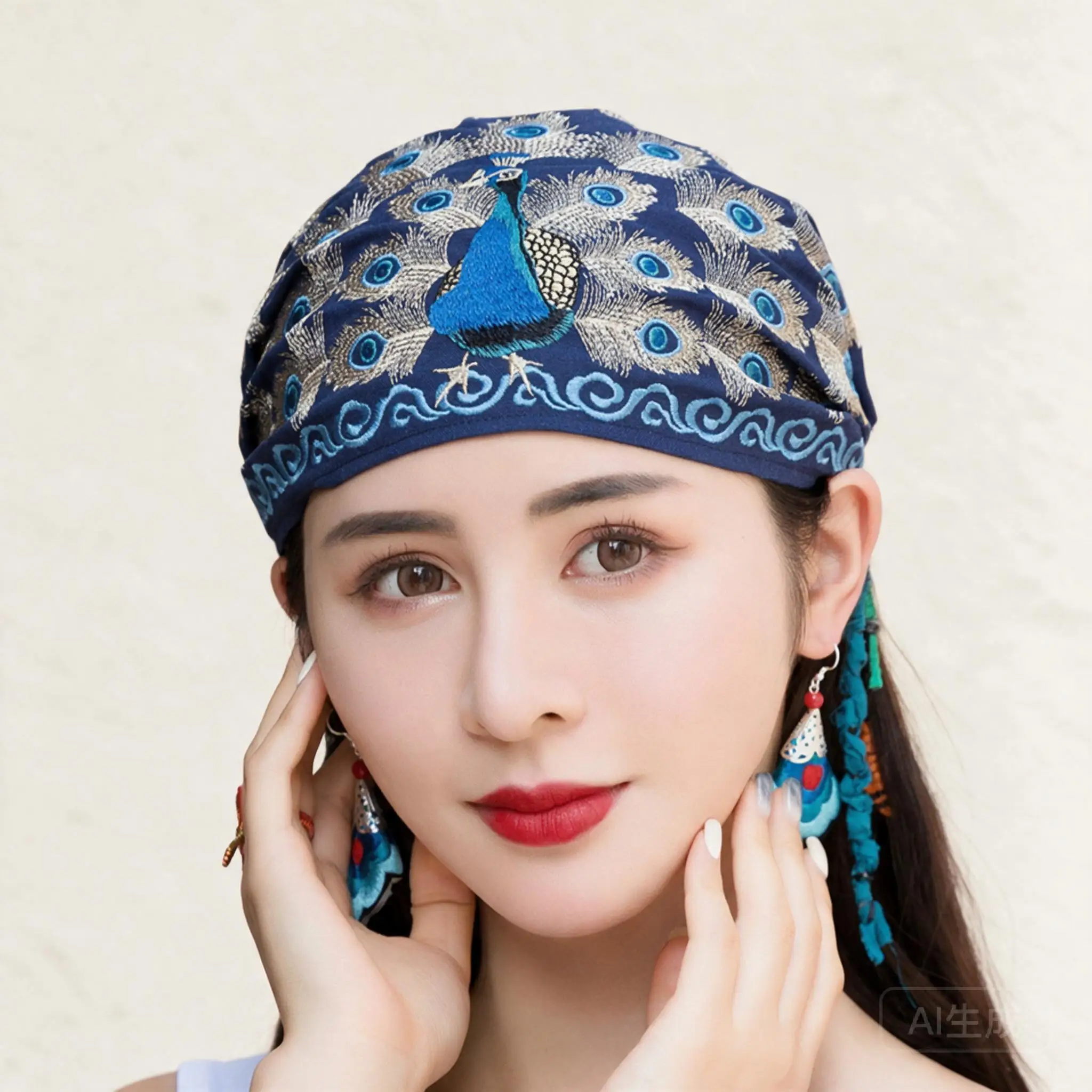 Chinese Ethnic Peacock Embroidered Turban Hat For Women Breathable Lightweight Polyester Headwrap Various Color Options One Size