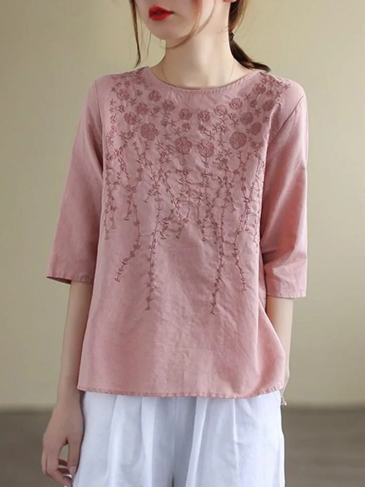 Frauen Baumwolle Leinen Casual T-shirts Neue 2022 Sommer Vintage Stil Floral Stickerei Lose Weibliche Hälfte Hülse Tops Tees B1780