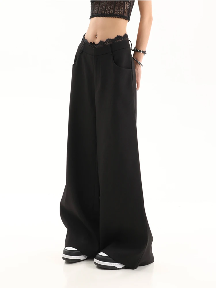 가을 겨울 여성 Y2k 긴 바지 레이스 패치 워크 헐렁한 바지 일본 하라주쿠 2000년대 한국 와이드 레그 팬츠 하이 스트리트