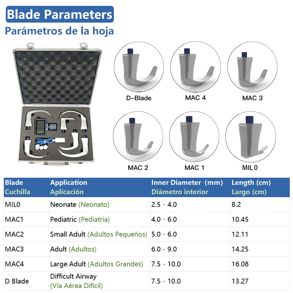 Shipping from Mexico, Reusable Video Laryngoscope for Intubation, 3.2-inch LCD High-Definition Display with 6 Blades