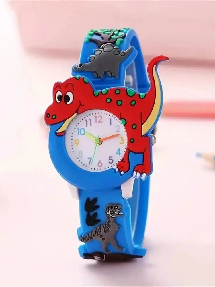 3D stereoscopic dinosaur children's watch equipped with a soft silicone strap with a cartoon style design suitable for students.