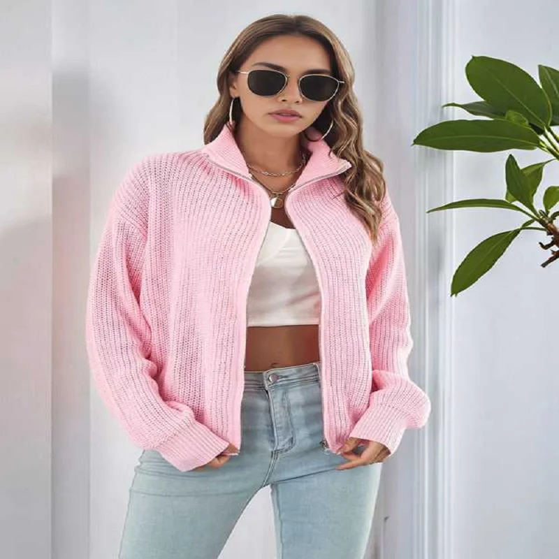 

Women'S Turtle Neck Long Sleeve Knitted Cardigan Autumn and Winter Loose Knitted Cardigan with Zipper