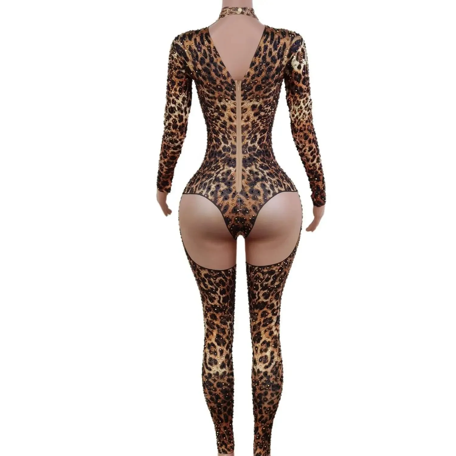 

Women Stretch Leopard Print Sexy Bodycon Jumpsuit Bar Nightclub Singer Dancer Luxury Diamond Stage Performance Outfit