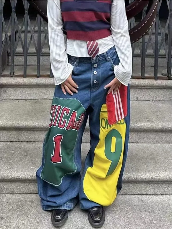 

Джинсы женские оверсайз в стиле американского ретро, с широкими штанинами, драпировкой, в стиле хип-хоп, с пэчворком, для осени и зимы