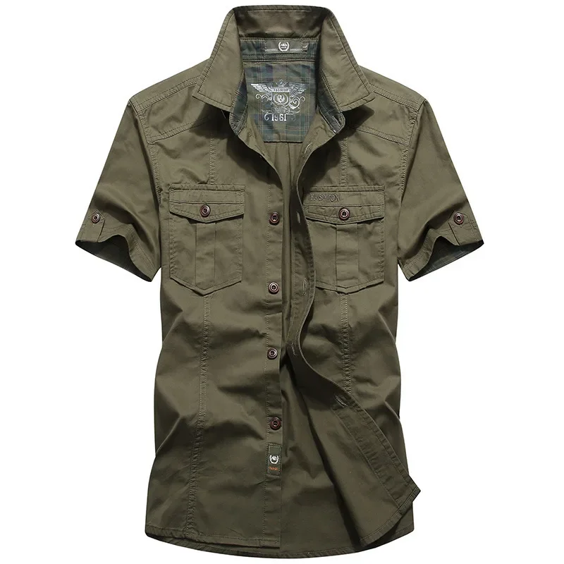 Summer Short Sleeved Shirt Men\'s Cotton Shirts Brand Clothing Casual Plus Size 5XL 6XL Camisa Social Masculina Army Tee