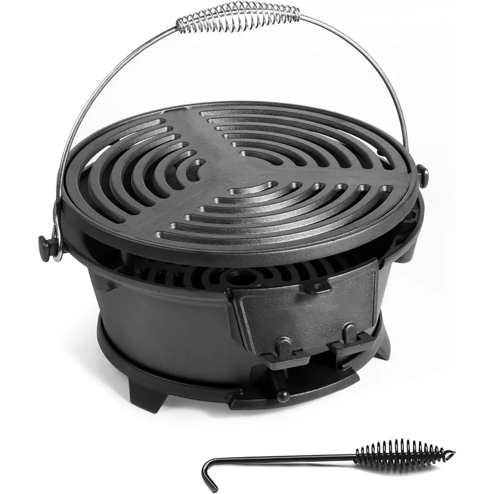 

Мини-гриль хибачи для улицы, портативный маленький угольный гриль для кемпинга, 100% чугун, прочный - с угольной дверцей, дверцей для дымохода, идеален для барбекю