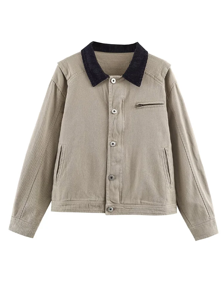 

HH Women Fashion Loose Spliced Lapel Collar Coat Autumn Female Temperament Single Breasted Pockets Simple Long Sleeve Jacket