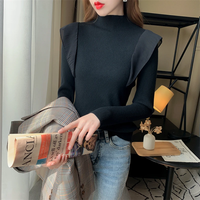 

Solid Color Ruffle Stitched Knitwear Autumn/Winter Women's Soft Elastic Half Turtleneck Slim Women's Long Sleeve Sweater