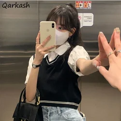 Short Sleeve T-shirts Women Retro Slim Fake 2 Pieces Tender Teens Preppy Футболка Женский Korean Style Fashion Summer Lovely