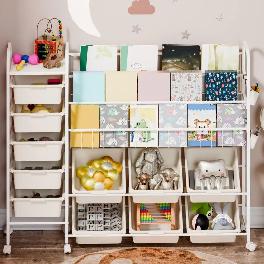 

Affordable 2-in-1 Kids Storage Solution | Bookshelf with 11 Bins & 3-Tier Shelves + Toy Rack on Wheels