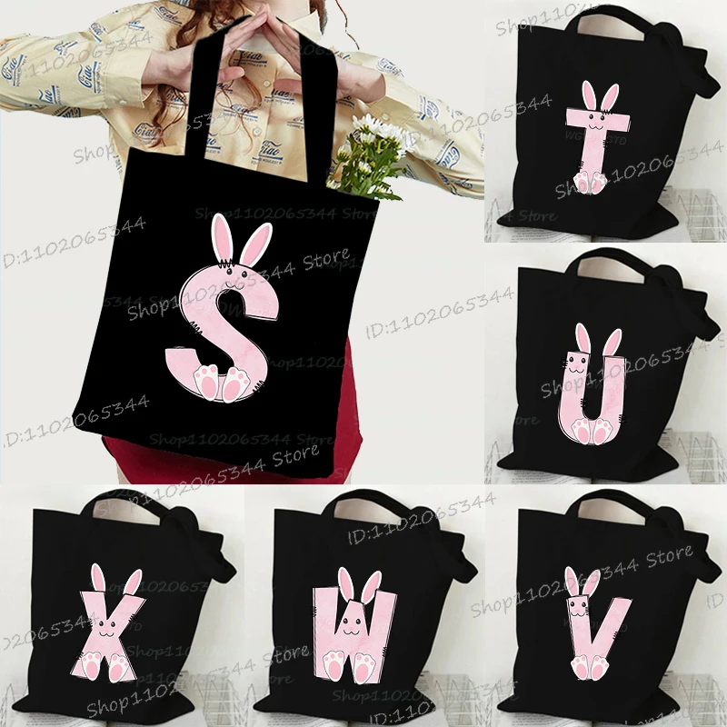 Pink Bunny Pattern Alphabet Canvas Shoulder Bag Y2K Cartoon Rabbit Print Tote Bags Funny Letter Series Student Women's Handbag