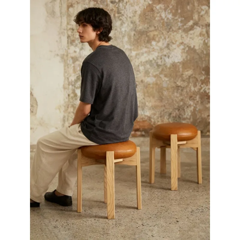 Log leather stacked chair simple Nordic style solid wood dining chair caramel cushion designer homestay