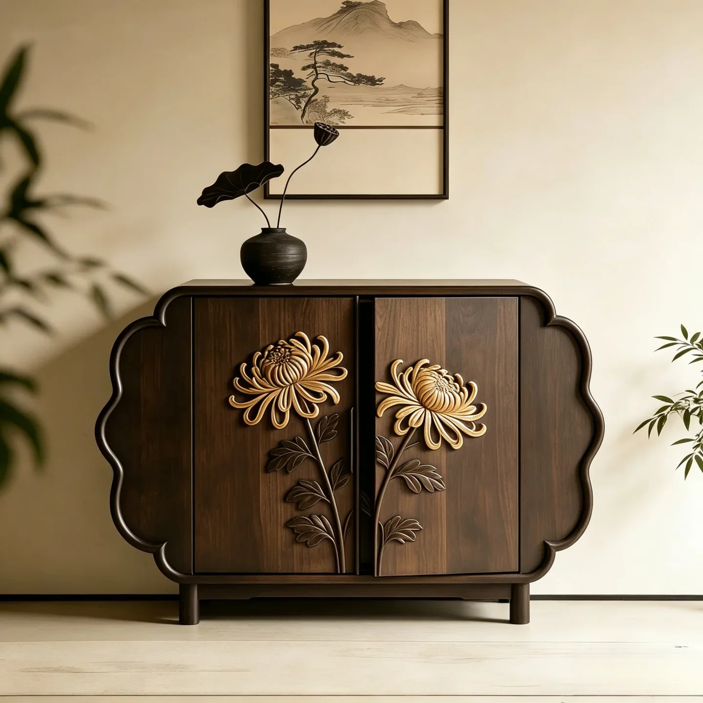 H1 solid wood dining side cabinet swing door free installation side cabinet living room carved locker