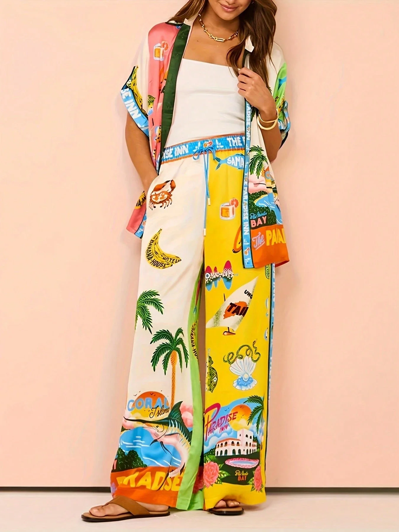 

Boho Two Piece Set Women Short Sleeve Shirt Wide Leg Pants Beach Vacation Outfit