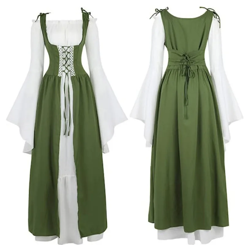 فستان كوس من القرون الوسطى برقبة مربعة ومشد ربط فستان عصر النهضة وحفلات المحكمة والمهرجانات تنورة بأشرطة عتيقة