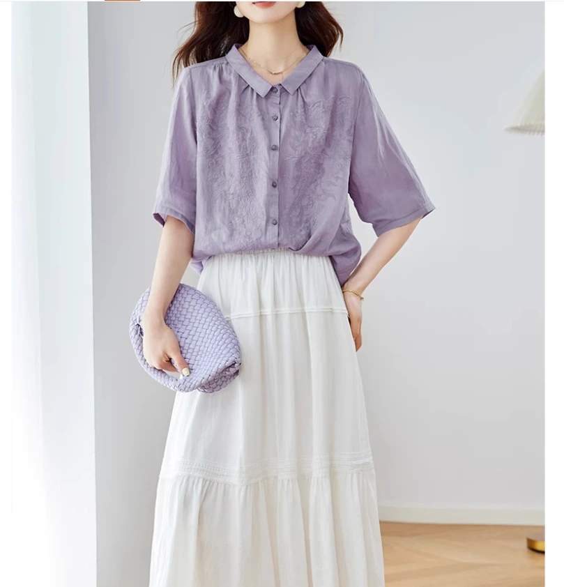 

Фиолетовая рубашка с вышивкой, женская верхняя одежда с короткими рукавами, новый женский летний тонкий топ в китайском стиле